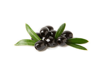 Black olives isolated on white background. Olive tree leaves. Vegan. Ingredient for salad or pizza.