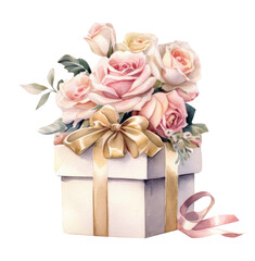 Fototapeta na wymiar Watercolor roses flowers in a gift box, summer flower bouquet, Generative AI, png image.