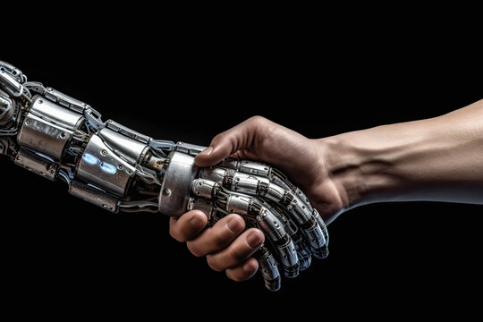 Mano de robot apretando mano de humano en señal de acuerdo. Ilustracion de IA generativa 