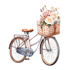 Watercolor roses flowers in a basket, floral bicycle, summer flower bouquet, Generative AI, png image.