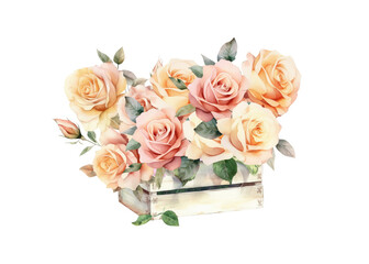 Obraz na płótnie Canvas Watercolor roses flowers in a box, summer flower bouquet, Generative AI, png image.