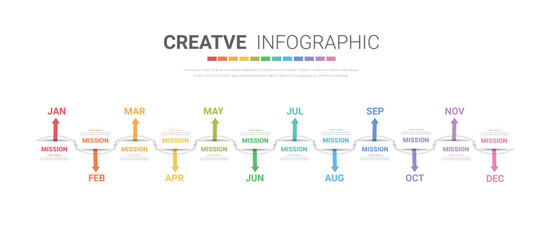 Timeline for business 1 year, 12 months. Infographic template can be used for workflow, process diagram, flow chart.