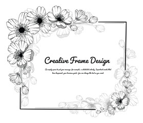 Vintage floral frame, Japanese blossom Sakura and with place for text. Outline hand drawn. wedding invitations, floral greeting cards. Black and white stencil flowers isolated.
