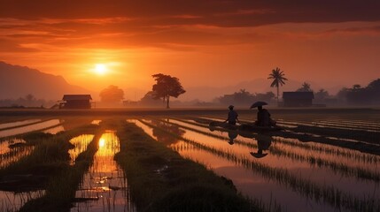 Fototapeta na wymiar asian rice farmers, sunset landscape