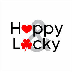Happy and lucky word design with heart symbol on letter A and clover on letter U.
