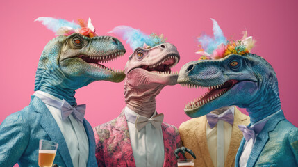Illustrated dinosaurs dressed in fashionable suit , having party. Small cute dinosaurs with floral hats having fun and drinking. Pastel pimk background. Party animal concept. Generative AI.