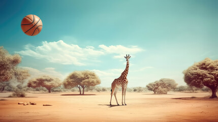 Illustration of giraffe in savanna playing basketball. Creative concept of animal. Generative AI.