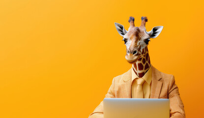 Illustration of giraffe dressed as a businessman using laptop. Copy space. Generative AI. - obrazy, fototapety, plakaty