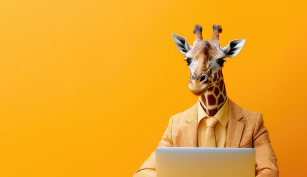 Illustration of giraffe dressed as a businessman using laptop. Copy space. Generative AI.