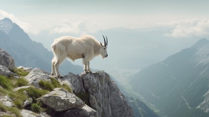 Goat On Mountain Cliff, Generative AI Illustration