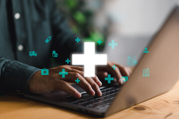 The healthcare icon is represented by a plus sign and a man typing on a laptop computer. A health...