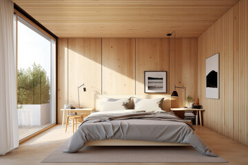 Scandinavian style bedroom with large window and natural wood beige furniture, AI Generated