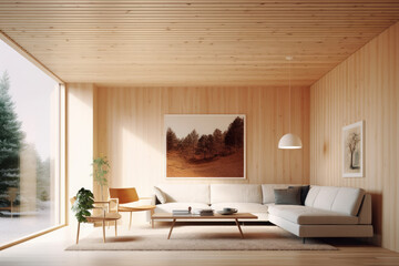 Scandinavian style living room with large window and natural wood beige furniture, AI Generated