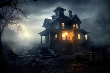 Obraz na płótnie Canvas Photo of a scary house in a mysterious woodland. Halloween concept. Generative AI
