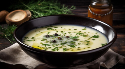 A bowl of creamy soup, garnished with herbs and a drizzle of olive oil
