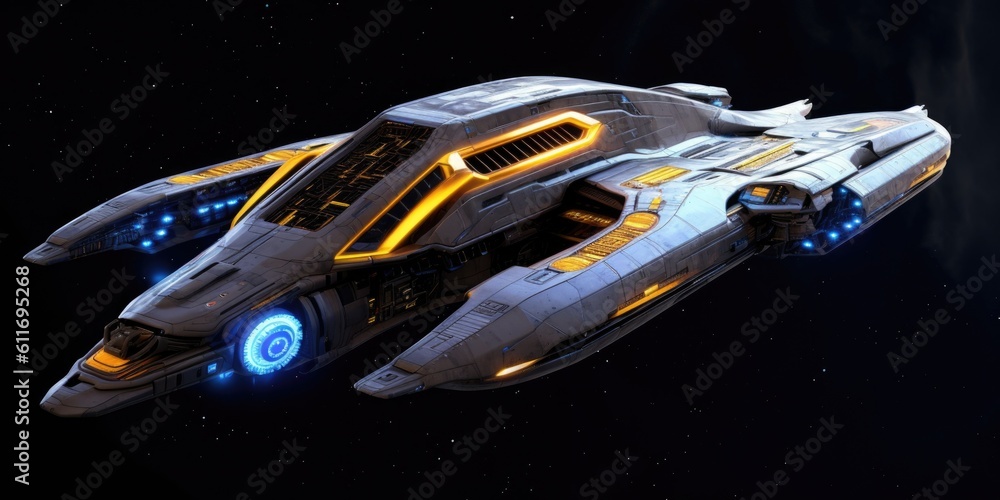 Poster the advanced and futuristic exploratory science carrier spaceship. generative ai aig27.