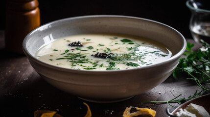 A bowl of creamy soup, garnished with herbs and a drizzle of olive oil