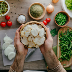 Close-up of males hands holding wooden plate with sliced hericium erinaceus mushrooms © lithiumphoto