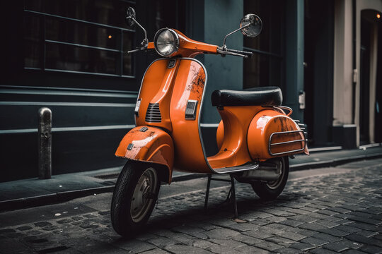 Vintage retro motor scooter parked on a city street, AI Generated