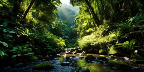 Obraz premium amazon rainforest with tropical vegetation, a creek runs through a mysterious jungle, a mountain stream in a lush green valley, fictional landscape created with generative ai