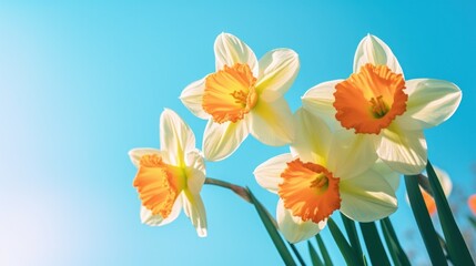 White Daffodils flower against a blue sky background. Generative AI.