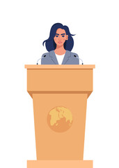 Woman in a business suit stands on a rostrum in front of the microphones. Woman orator speaking from tribune. Vector illustration.