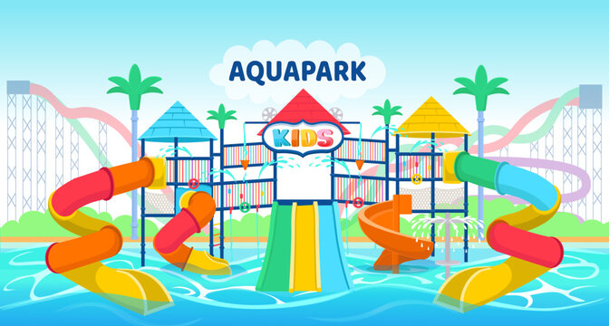 Two-story children's complex in the aqua park with water slides, water jets. Vector cartoon aquapark with colorful spiral pipe water slides.
