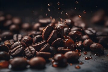 Coffee beans falling into a splash of chocolate on a black background - obrazy, fototapety, plakaty