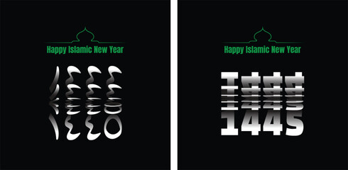 Happy Islamic New Hijri Year 1445 with Arabic number, green mosque silhouette isolated on black background. Passing from 1444 into New Year 1445 Hijriyah Flip Text Effect.