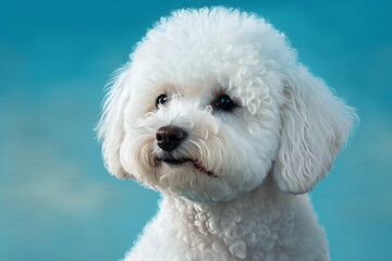 Bichon dog on transparent pastel blue background.