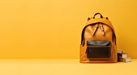 Yellow school backpack, school books on a yellow background.Back to school concept.Banner. Copy space for text. Generative AI