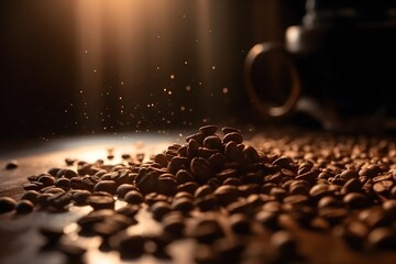 coffee beans on a wooden table - obrazy, fototapety, plakaty