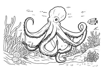 Octopus coloring book. Coloring page simple line illustration of octopus and underwater world. © Анна Таранкова