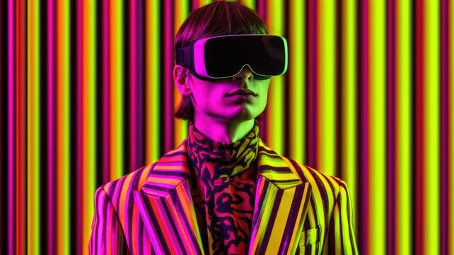 Fototapeta Young male model wearing VR posing with trendy fashion outfit and colorful vibrant glowing lime green optical art abstract background. Picturesque generative AI