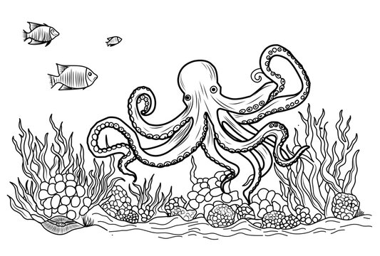 Octopus coloring book. Coloring page simple line illustration of octopus and underwater world.