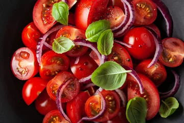 Foto auf Alu-Dibond healthy tomato salad with onion basil olive oil and balsamic vinegar © Olga Miltsova