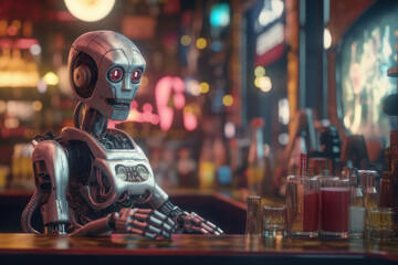 The robot is sitting at the bar. AI generative.