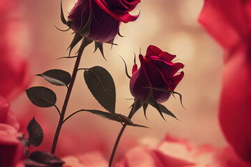Closeup macro blossom vivid red color rose flower with ravishing realistic detail. Beautiful floral scenery and green background for beauty perfume product by Generative AI.