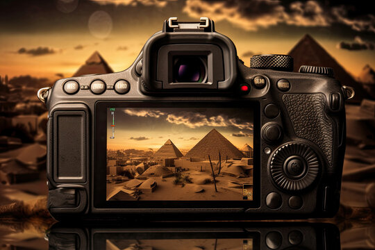 Digital camera the view of egypt pyramids with background on the display.