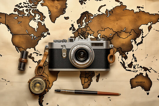 Top view of film camera, compass, magnifier against a brown world map in the background