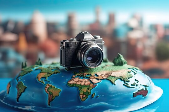 Earth globe for tourism and travel the world concept with a digital camera in the top. Blurred city in the background.ai generated