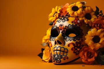 Day of the Dead sugar skull mask with flowers on yellow background