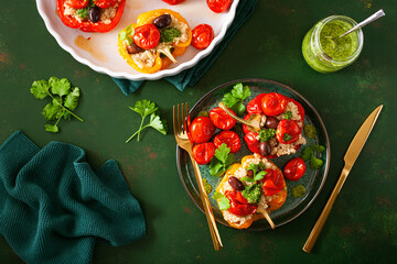 stuffed bell peppers with quinoa tomatoes olives and herb sauce chimichurri