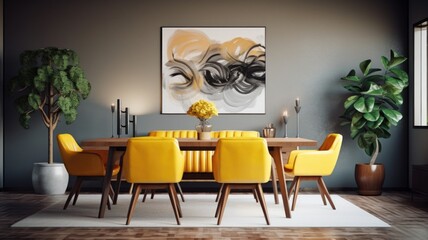 Interior design inspiration of Mid-Century Modern Retro style home dining room loveliness decorated with Wood and Leather material and Statement artwork .Generative AI home interior design .
