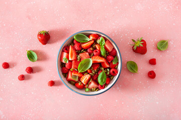 watermelon salad with strawberry raspberry basil seeds. healthy summer dessert