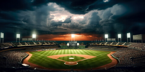 Baseball field at dusk with the lights turned on. Generative Ai.
