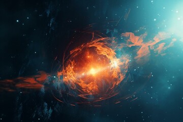 Fototapeta na wymiar Futuristic orange and blue banner displaying an atmospheric galaxy panorama. Generative AI