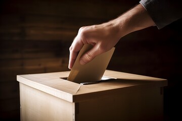 Hand putting a vote paper in a wooden ballot box - obrazy, fototapety, plakaty
