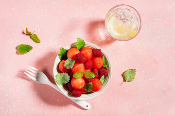 watermelon ball salad with raspberry lemon balm. healthy summer dessert