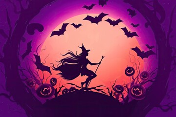 Halloween frame with witch, Jack-o'-lantern pumpkins, bats inside it. Orange-violet image.